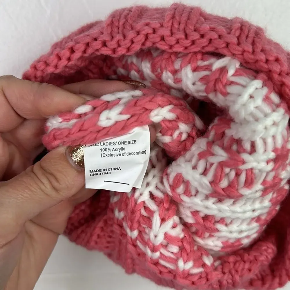 IGLOOS Pink Strawberry Acrylic Knitted Beanie Snow Hat With Pompoms One‎ Size
